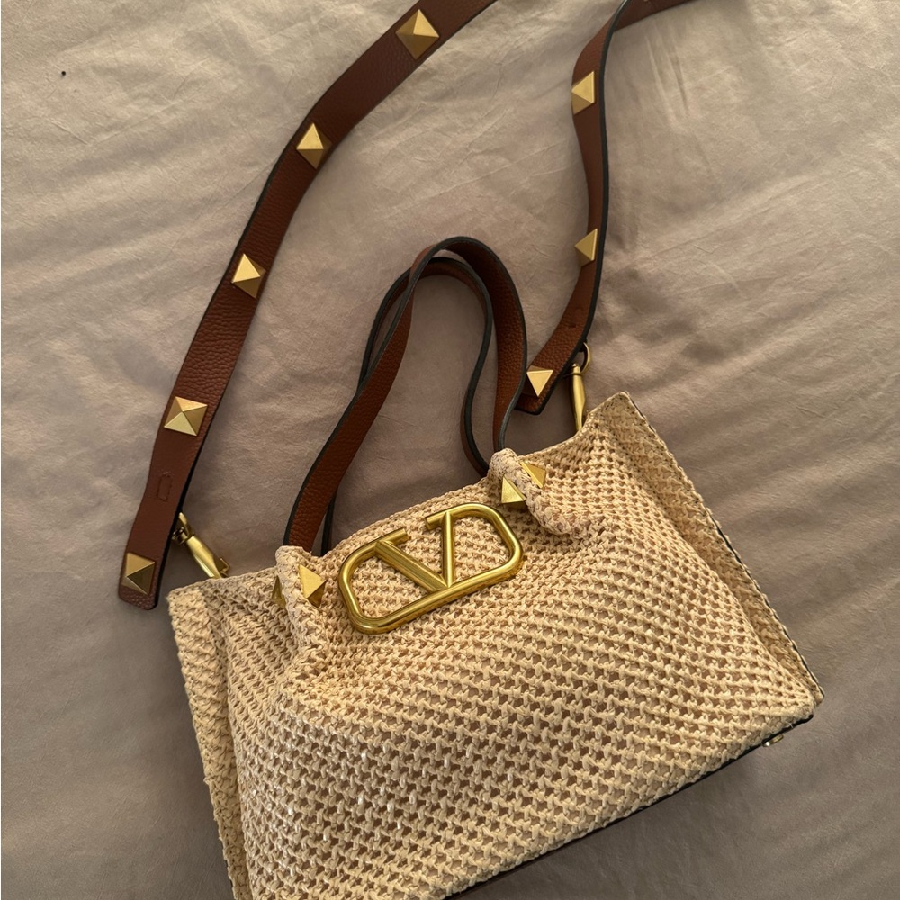 Beige Raffia Shoulder Bag with Gold Logo Detail